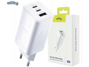 ALLITY polnilec ATC-01 GaN, 65W, 2x USB Type-C, 1x USB Type-A, bela