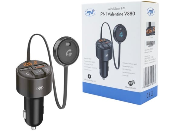 PNI FM oddajnik Valentine V880 Bluetooth 5.0, hitro polnjenje naprav QC3.0