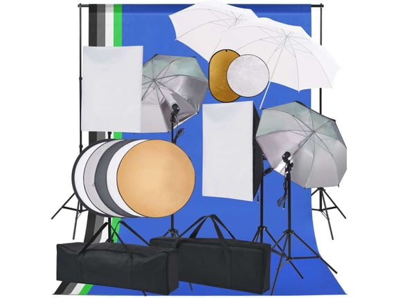 VIDAXL Foto studijski komplet s softboxi, dežniki, ozadjem, odbojnikom