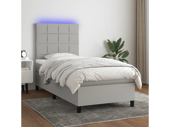 VIDAXL Box spring postelja z vzmetnico LED svetlo siva 90x200 cm blago