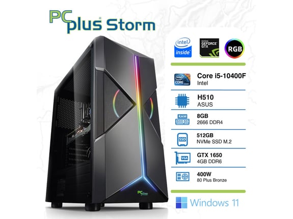 PCPLUS storm i5-10400f 8gb 512gb nvme ssd geforce gtx 1650 4gb gddr6 windows 11 home rgb gaming namizni računalnik