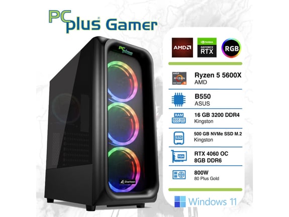 PCPLUS gamer r5-5600x 16gb 500gb nvme ssd rtx 4060 8gb ddr6 windows 11 home rgb gaming namizni računalnik