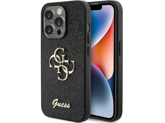 GUESS silikonski ovitek za iPhone 15 Pro, črna z bleščicami in zlatim logom, GUHCP15LHG4SGK