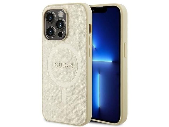 GUESS ovitek Saffiano z Magsafe za iPhone 15 Pro, zlata, GUHMP15LPSAHMCB