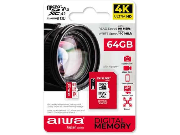 Aiwa 4K spominska kartica MicroSD XC 64GB Class 10, 90MB/s z adapterjem SD