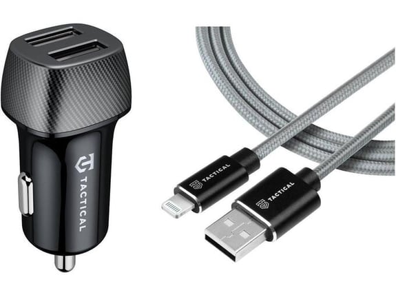 Tactical avtopolnilec 2x USB-A QC 24W 3A s kablom Ligntning LICENČNI POLNILEC- siv