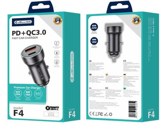 Jellico avtopolnilec F4 3.0A PD 20W Type C  / USB A adapter - črn