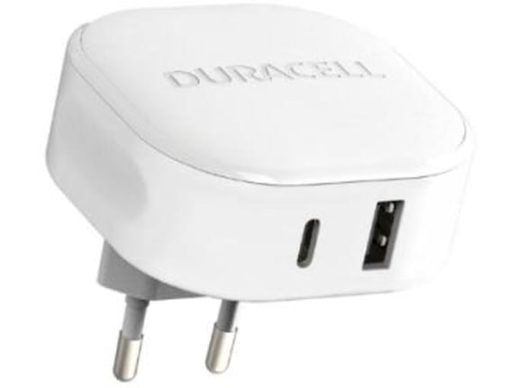 DURACELL polnilnik PD 30 W USB-A + USB-C PPS, bel