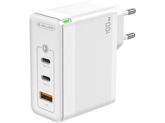Jellico hišni adapter C118 220V Gun QC 100W vhod 1x USB A (22,5W) in 2x Type C (1x 65W + 1x 35W) - bel