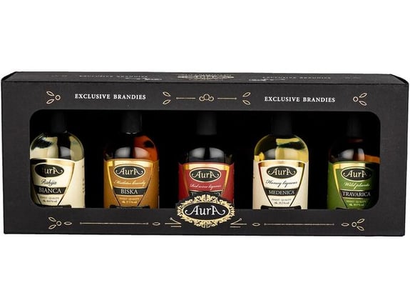 AURA darilni paket Box Rakija (Biska, Medenica, Teranino, Bianca, Travarica) + GB 5 x 0,05 l1118