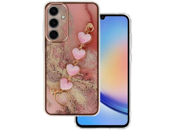 ONASI silikonski ovitek Trendy Marmor z zapestnico za Samsung Galaxy A25, roza s srčki