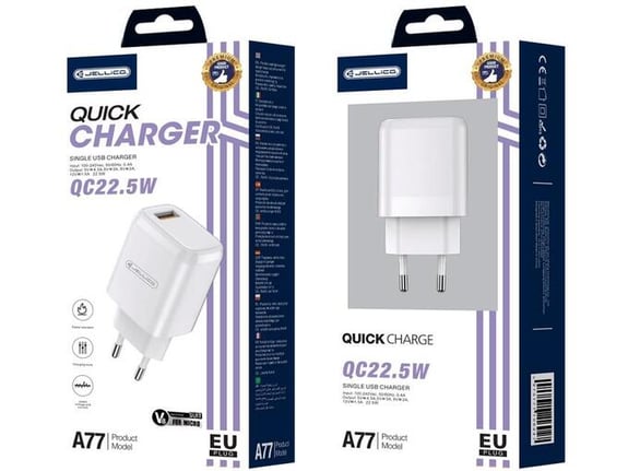 Jellico adapter A77 hišni polnilec 3.0A Quick Charge 22,5W vhod USB A s kablom Micro USB - (EU Blister) bel