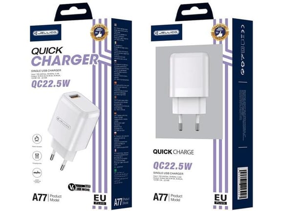 Jellico adapter A77 hišni polnilec 3.0A Quick Charge 22,5W vhod USB A s kablom LIGHTNING  - (EU Blister) -bel