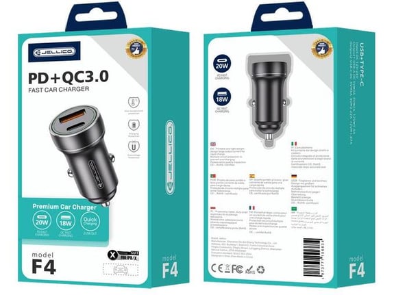 Jellico avtopolnilec F4 3.0A 20W Type C / USB A s kablom 1m Lightning - črn