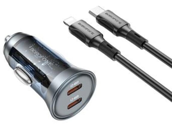 BOROFONE BZ26B avtopolnilec PD 45W 2x Type C QC 3.0 s kablom Type C - Lightning 1m - črn