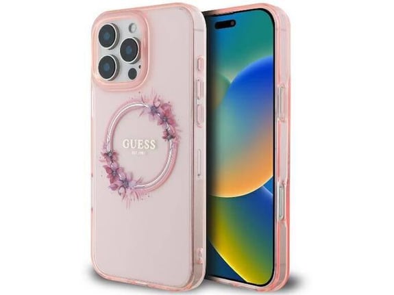 GUESS ovitek za silikonski MagSafe iPhone 16, roza s cvetličnim vzorcem