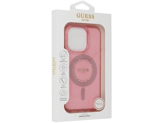GUESS ovitek Original za iPhone 16, roza s kristalčki, GUHMP16SPFTDTEP