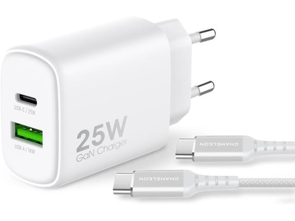 Chameleon Hišni polnilec - 25W/18W GaN (PD 3.0, PPS in QC 3.0), 2-portni (USB in USB-C izhod), s kablom US
