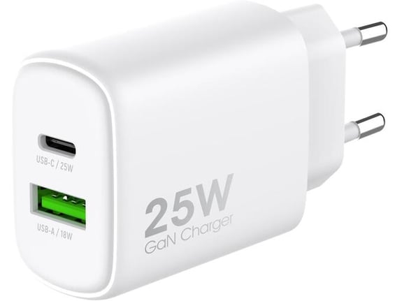 Chameleon Hišni polnilec - 25W/18W GaN (PD 3.0, PPS in QC 3.0), 2-portni (USB in USB-C izhod), kabel ni pr