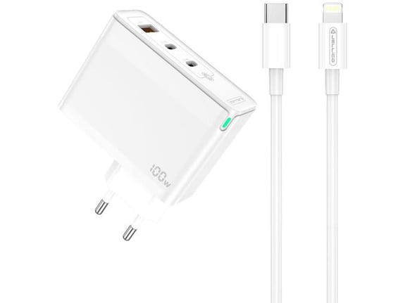 Jellico adapter hišni polnilec 220V Gun QC 100W vhod 1x USB A (22,5W) in 2x Type C (1x 65W + 1x 35W) + kabel Type C - Lightning - Original (EU Blister
