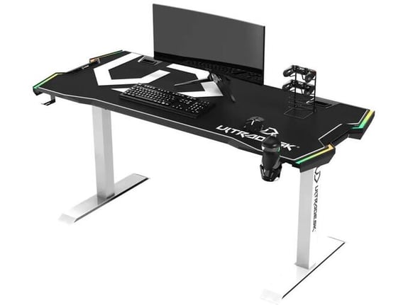 ULTRADESK Gaming miza FORCE SNOW - bela, 166x70 cm, 66-86 cm, 5 nivojev višine, z XXL podlogo za miško, RGB osvetlitev, držalo za pijačo in slušalke