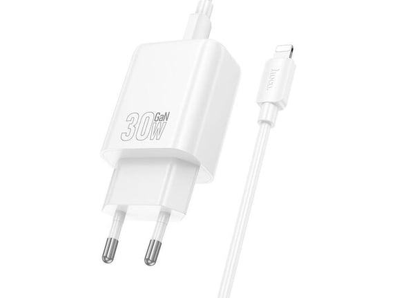 HOCO polnilec N63 GaN PD 30W USB-A, Type C s kablom Type C na Lightning za iPhone - bel