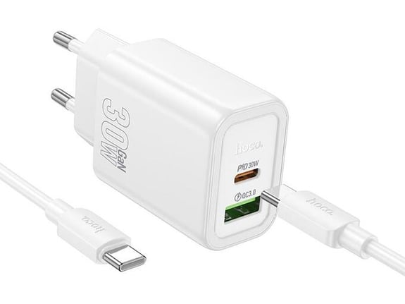 HOCO polnilec N63 GaN PD 30W USB-A, Type C s kablom Type C na Type C za Samsung - bel