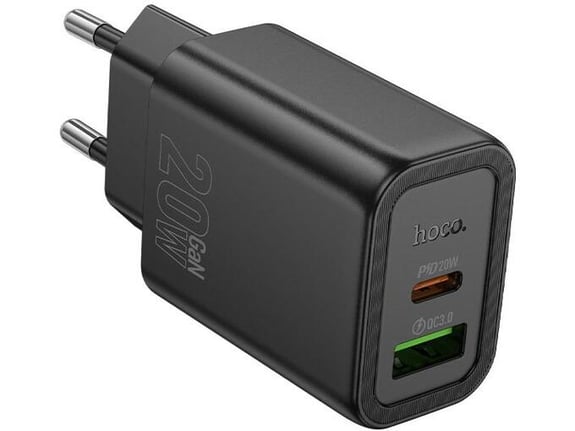 HOCO polnilec adapter N61 GaN PD 20W USB-A, Type C za Samsung, iPhone - črn