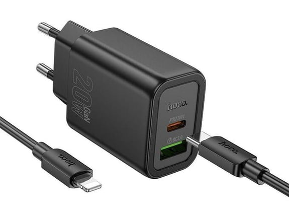 HOCO polnilec N61 GaN PD 20W USB-A, Type C s kablom Type C na Lightning za iPhone - črn