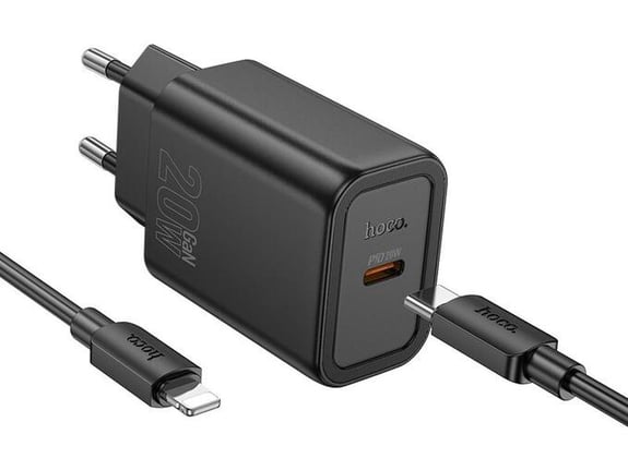 HOCO polnilec N60 GaN PD 20W Type C s kablom Type C na Lightning za iPhone - črn