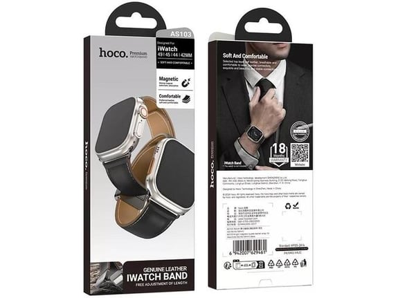 HOCO usnjen magnetni pašček 20 mm za iWatch 38, iWatch 40 in iWatch 41 mm - črn