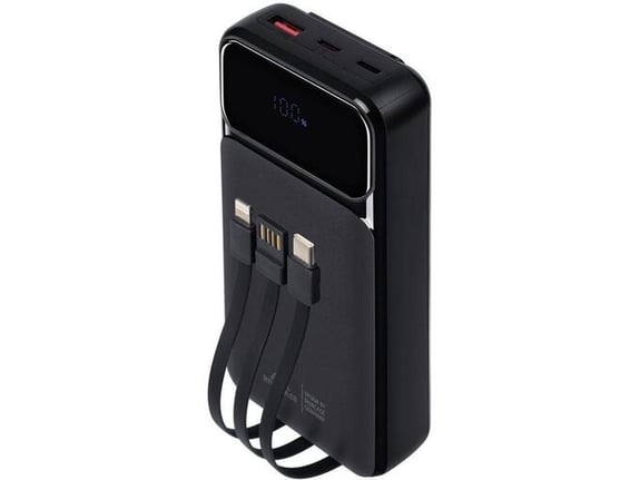 RIVACASE Prenosna baterija VA2221 (Powerbank) 20.000 mAh 22,5W, črn, z LCD ekranom in 3x podatkovni kabli (Type-C, Lightning, USB-A) za vse telefone i
