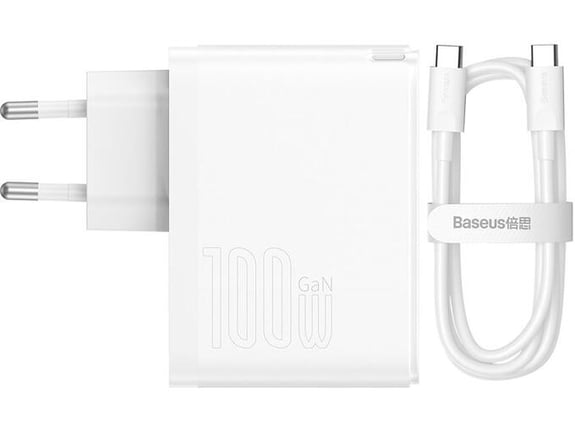 BASEUS hišni polnilec 220V GaN 5 Pro Fast Charge 100W vhod 1x USB A in 1x Type C s kablom Type C - Original (EU Blister) bel