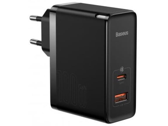 BASEUS hišni polnilec 220V GaN 5 Pro Fast Charge 100W vhod 1x USB A in 1x Type C s kablom Type C - Original (EU Blister) črn