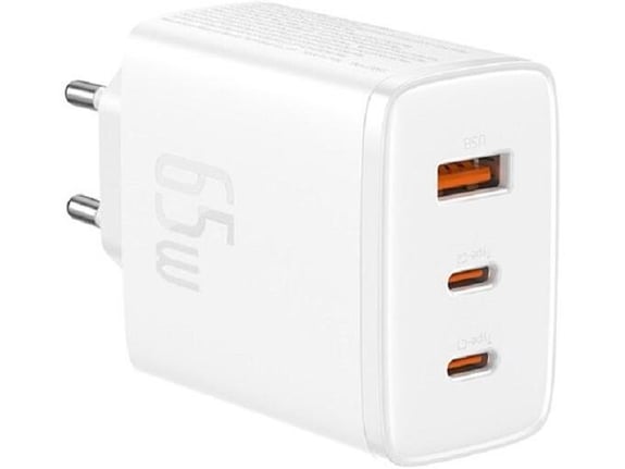 BASEUS hišni polnilec 220V GaN CUBE Pro Fast Charge 65W vhod 1x USB A in 2x Type C - Original (EU Blister) bel