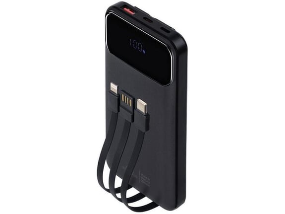 RIVACASE prenosna baterija/powerbank VA2211 10.000 mAh 22,5W, z LCD ekranom in 3x podatkovni kabli (Type-C, Lightning, USB-A) - za vse telefone in tab