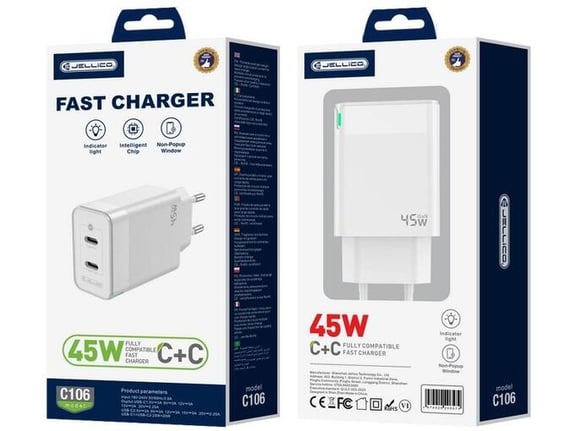 Jellico adapter C106 hišni polnilec GaN QC / PD 45W vhod 2x Type C - Original (EU Blister) - bel