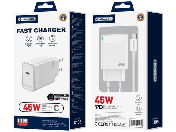 Jellico C105 hišni polnilec GaN QC / PD 45W vhod Type C s kablom Type C - Original (EU Blister) - bel