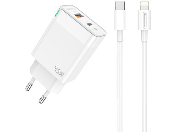 Jellico C107 hišni polnilec GaN QC / PD 45W vhod USB A in Type C s kablom Lightning - Original (EU Blister) - bel