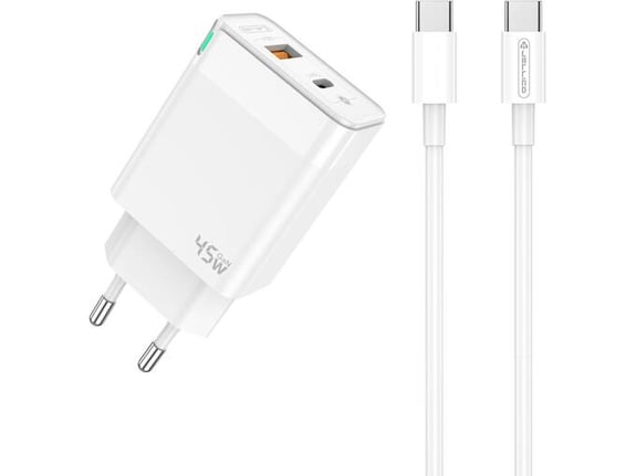 Jellico C107 hišni polnilec GaN QC / PD 45W vhod USB A in Type C s kablom Type C - Original (EU Blister) - bel
