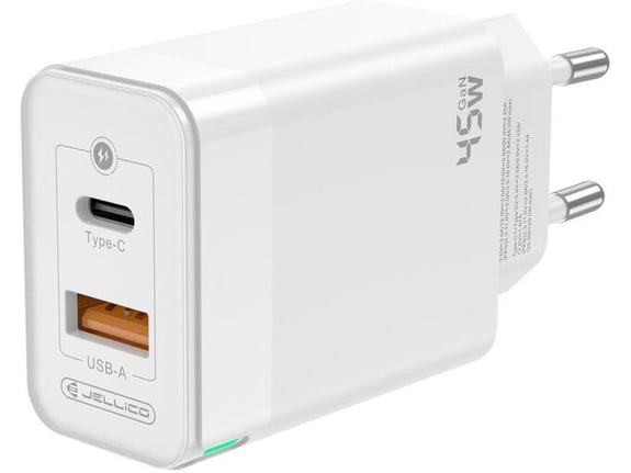 Jellico C107 hišni polnilec GaN QC / PD 45W vhod USB A in Type C - Original (EU Blister) - bel
