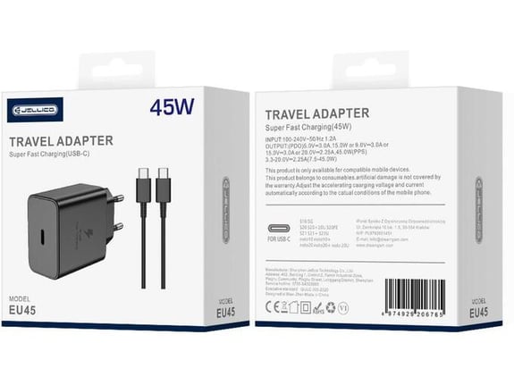 Jellico EU45 hišni polnilec GaN PD 45W vhod Type C s kablom Type C - Original (EU Blister) - črn