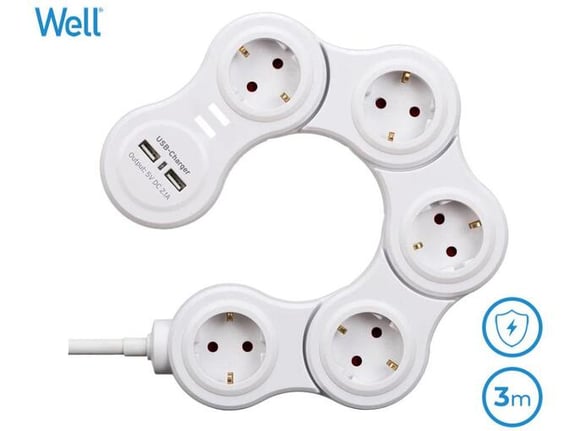 WELL električni podaljšek EXTSR-5S3M-USB, 3m, bela