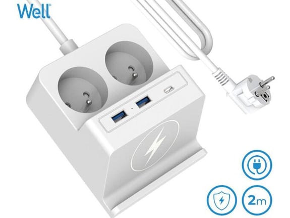 WELL električni podaljšek EXTS-2S2M-USBC3W, 2x 220V, 2m, bela