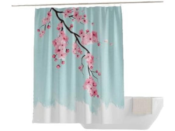 PRIRESA zavesa za tuš SAKURA 180x200 cm | Vodoodporna tekstilna kopalniška zavesa s potiskom + 12 plastičnih obročev
