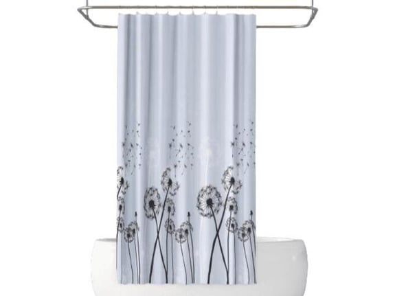 PRIRESA zavesa za tuš DANDELLION 180x200 cm | Vodoodporna tekstilna kopalniška zavesa s potiskom + 12 plastičnih obročev