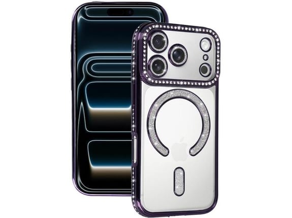 ONASI silikonski ovitek Luxury MagSafe za iPhone 17 Pro, prozorna vijolična z bleščicami