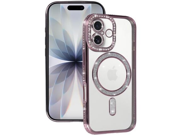 ONASI silikonski ovitek Luxury MagSafe za iPhone 17 Pro Max, prozorna roza z bleščicami