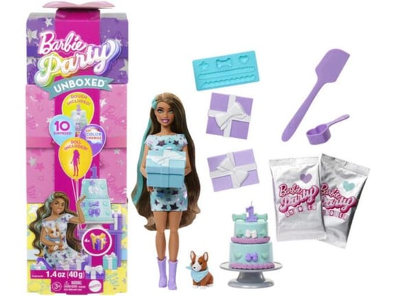 BARBIE vrečka presenečenja Party Unboxed Reveal temnolasa punčka