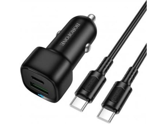 BOROFONE BZ34B avtopolnilec Type C (20W) USB A (18W) PD 38W QC 3.0 s kablom Type C - Type C 1m - črn